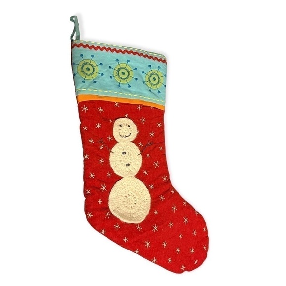 CHRISTMAS stocking corduroy white crocheted snowman. - Picture 1 of 8